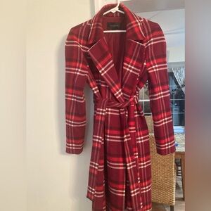 Ann Taylor Red and white plaid belted coat #plaidjacket #preppy